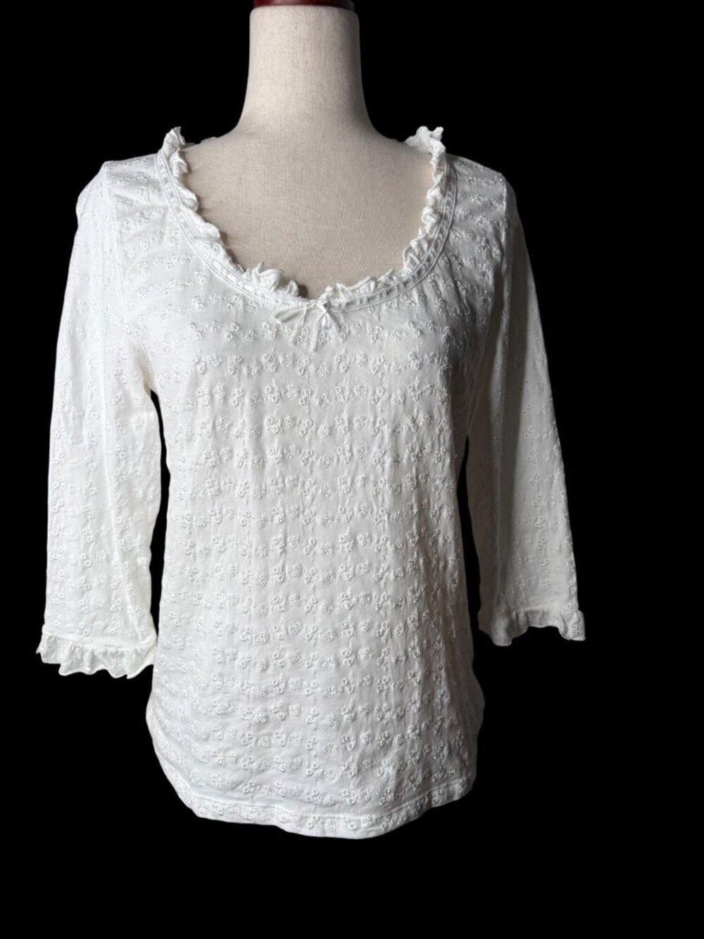 Lauren Ralph Lauren White Eyelet Cotton Ruffle-Trim Top L Cottage core Coquette